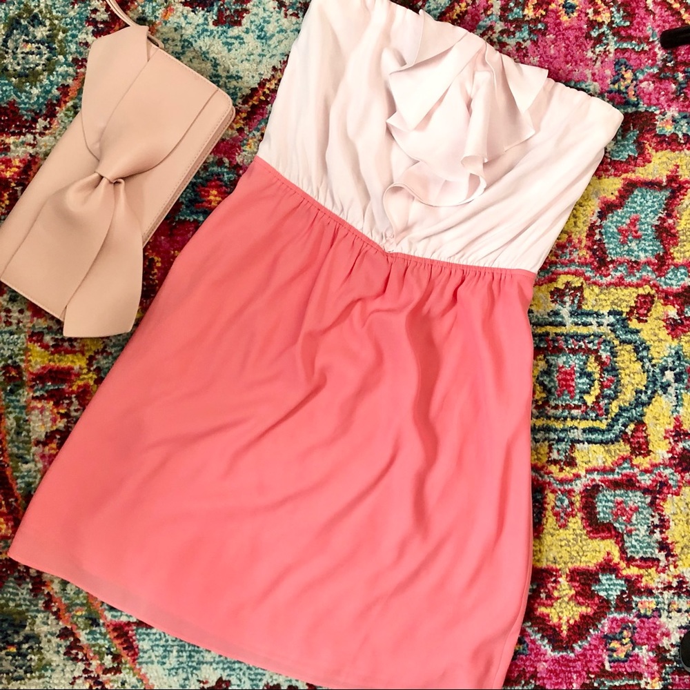 Pink & Coral Ruffle Trim Strapless Dress - Picture 3 of 13